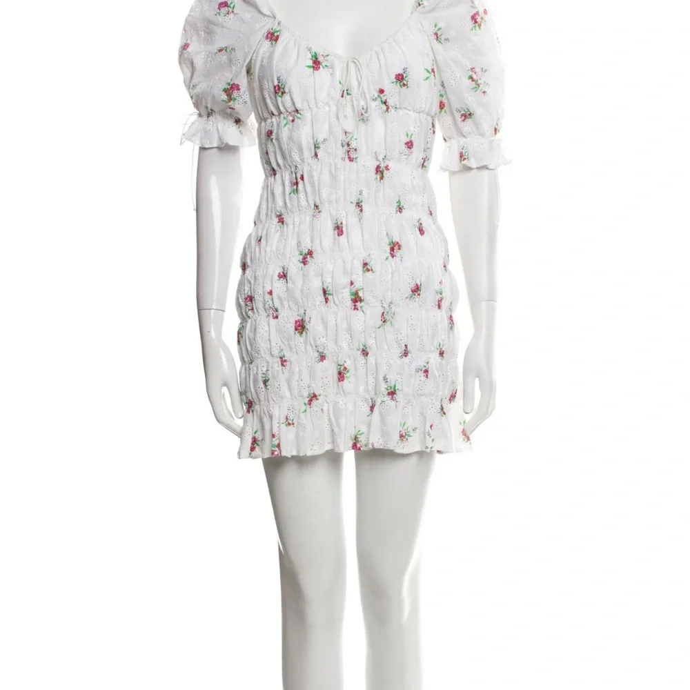 For Love And Lemons White and Pink Puff Sleeve Mini Sundress - Picture 1 of 3